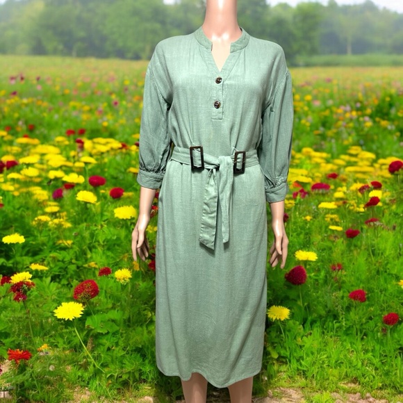 Lulu’s Gwendolen Sage Green Belted Midi Shift Dress - Picture 13 of 16